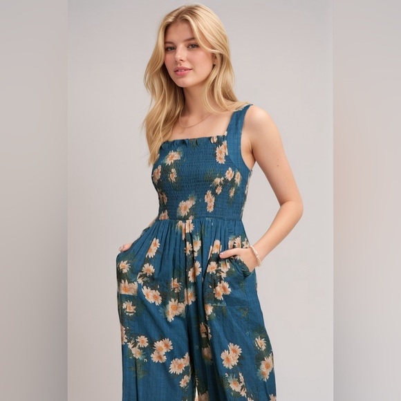 149B. Floral Smocked Bodice Jumpsuit - Teal Blue - Picture 9 of 9